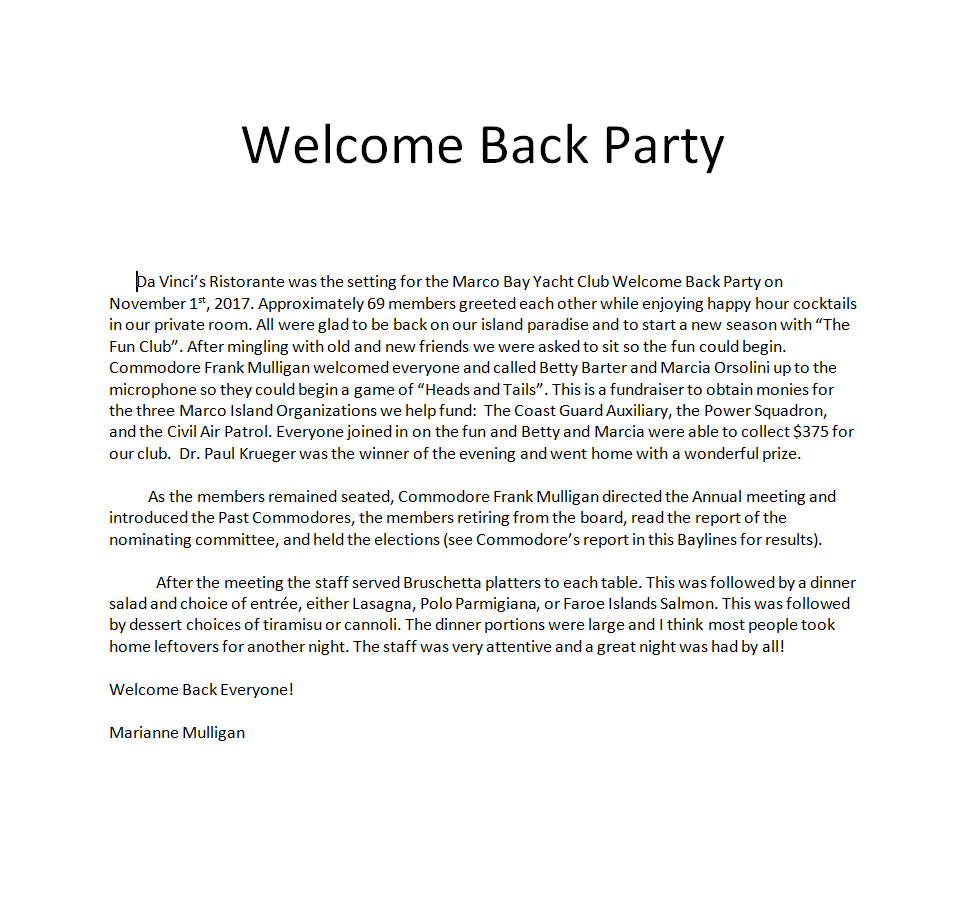 Welcome Back Party Report