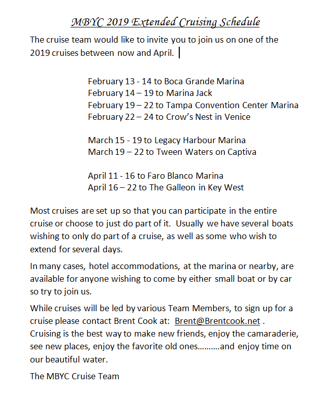 MBYC Extended Cruises for Feb thru April 2019